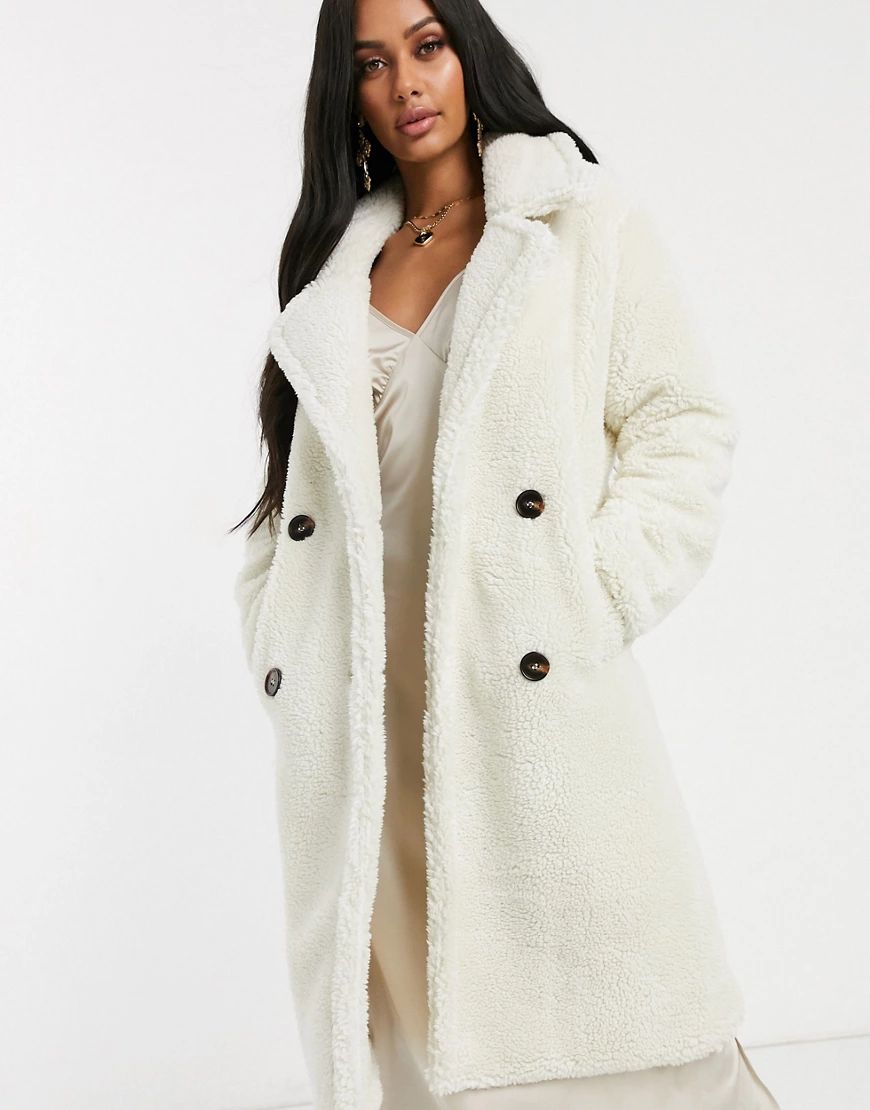 NA-KD midi teddy coat in off white | ASOS (Global)