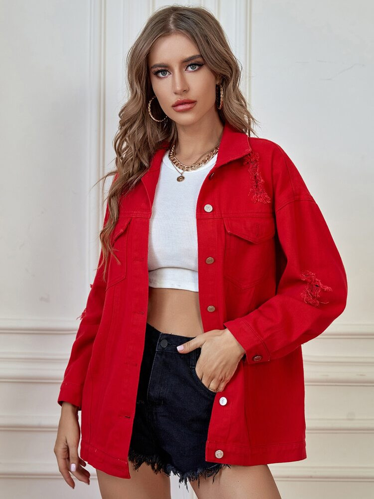 Ripped Flap Pocket Denim Jacket | SHEIN