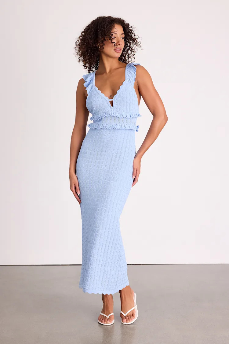 Faylis Light Blue Crochet Ruffled Lace-Up Midi Dress | Lulus