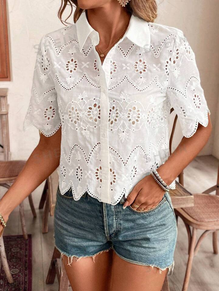SHEIN Frenchy White Exquisite Embroidered Short Shirt, Shirt Collar Cardigan Shirt, Casual And Co... | SHEIN