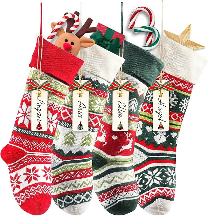 Knit Christmas Stockings,4 Pack 22 Inches Snowflake Reindeer Snowman Personalized Cable Knit Stoc... | Amazon (US)