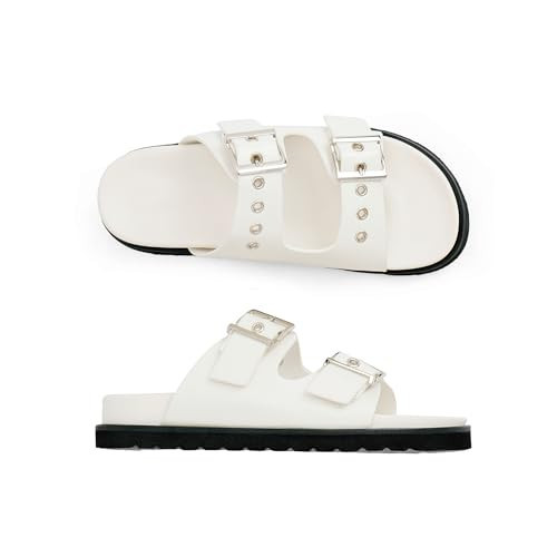 Easyfox White Flat Sandals for Women White Slide Sandals Double Buckle Adjustable Sandals Open Toe Slip On Platform Sandals Size 7 | Amazon (US)