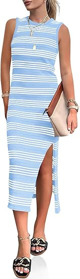 Wenrine Womens Summer Sundress Bodycon Midi Dress Sleeveless Casual Knit Striped Hollow Out Slit ... | Amazon (US)