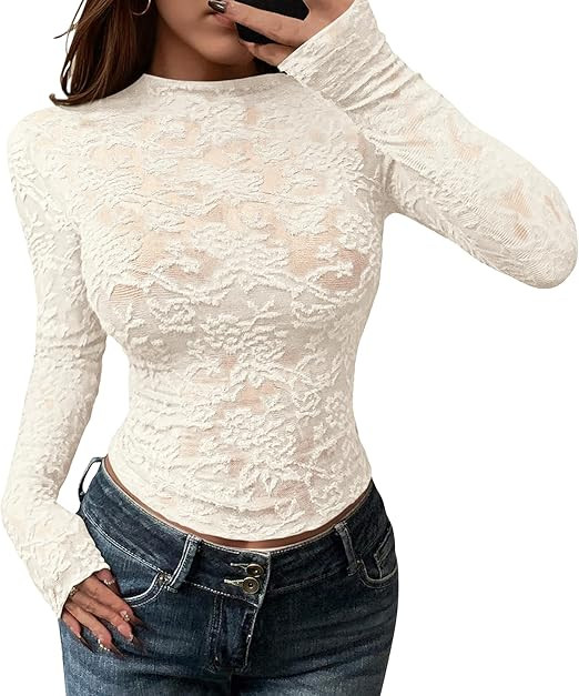 BTFBM Mesh Long Sleeve Tops for Women Lace Sexy Sheer See Through Crew Neck Floral Shirt Fall Blo... | Amazon (US)