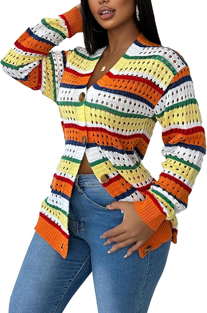 Women Rainbow Striped Knit Crochet Cardigan Sweaters Long Sleeve Fall Comfy Colorful Coat | Amazon (US)