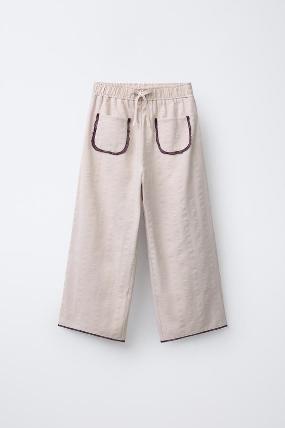 STRAIGHT LEG FLORAL PANTS WITH LACE TRIM | Zara US