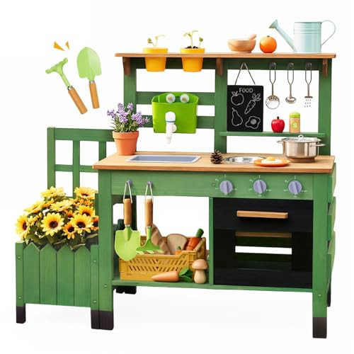 Mud Kitchen for Kids Outdoor, Vintage Mud Kitchen with Planter Box - Includes Rich Gardening Tools & Cooking Accessories, Wooden Kids Play Kitchen with Faucet, Stove, Sink, Oven, Flowerpots | Amazon (US)