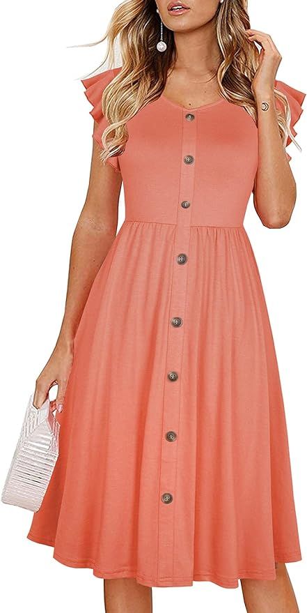 Lamilus Women's Casual Summer Ruffle Sleeve V-Neck Button Down A-Line Swing Party Dress | Amazon (US)