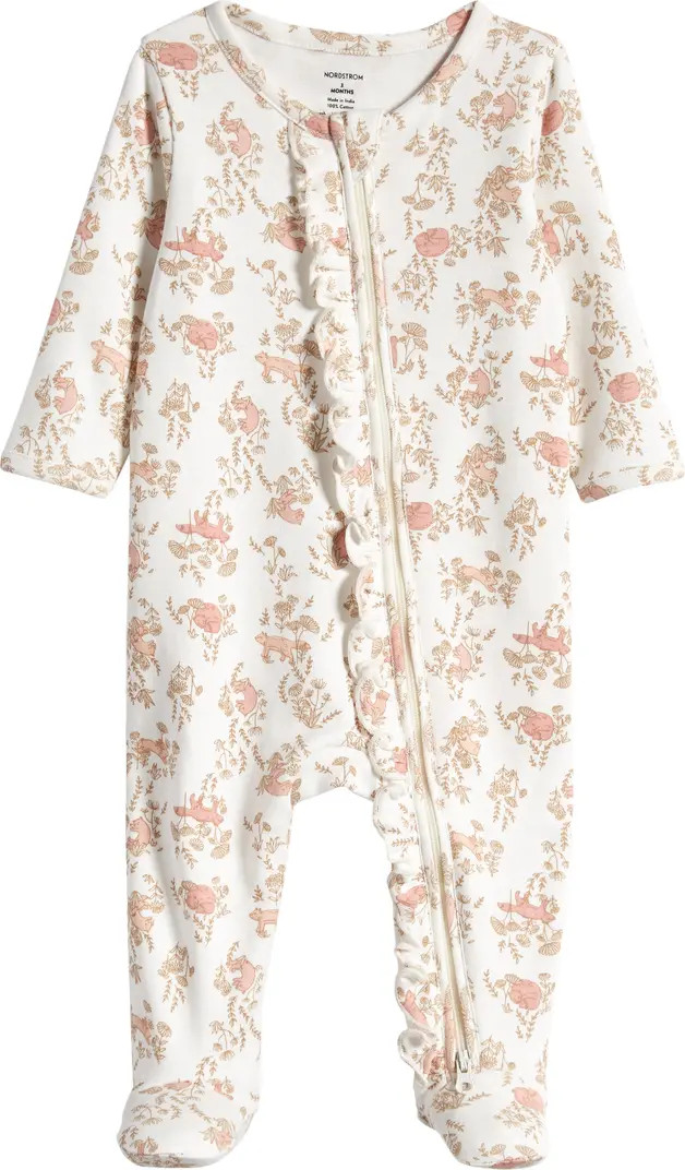 Floral Ruffle Zip-Up Cotton Footie | Nordstrom