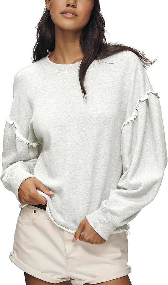Womens Cropped Crewneck Sweatshirt Lightweight Drop Shoulder Pullover Casual Loose Sleeve Top | Amazon (US)