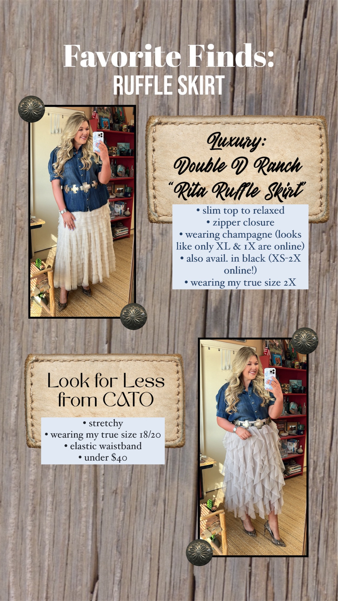Luxe for Less ~ a fun ruffle skirt is a great addition to your wardrobe! Dress up a little or a lot, or dress it down a bit more casually with sneakers and a graphic tee ~ these are fun to mix things up with! The Luxe look is the Rita Ruffle skirt by Double D Ranchwear, and the look for less is a great little affordable find that fits the same vibe. Wearing a 2X in the DDR and wearing an 18/20 in the look for less ~ if you’re truly between sizes maybe size down, that’s what I did. 

#LTKPlusSize #LTKStyleTip #LTKFindsUnder50