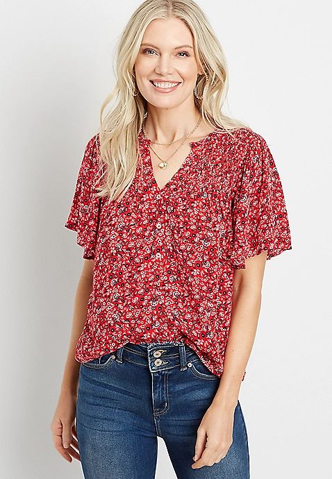 Red Ditsy Floral Flutter Sleeve Top | Maurices