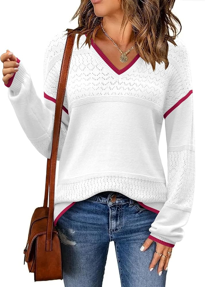 Zeagoo Womens 2025 Fall Sweaters Casual Long Sleeve Ribbed Knit Pullover V Neck Lightweight Croch... | Amazon (US)