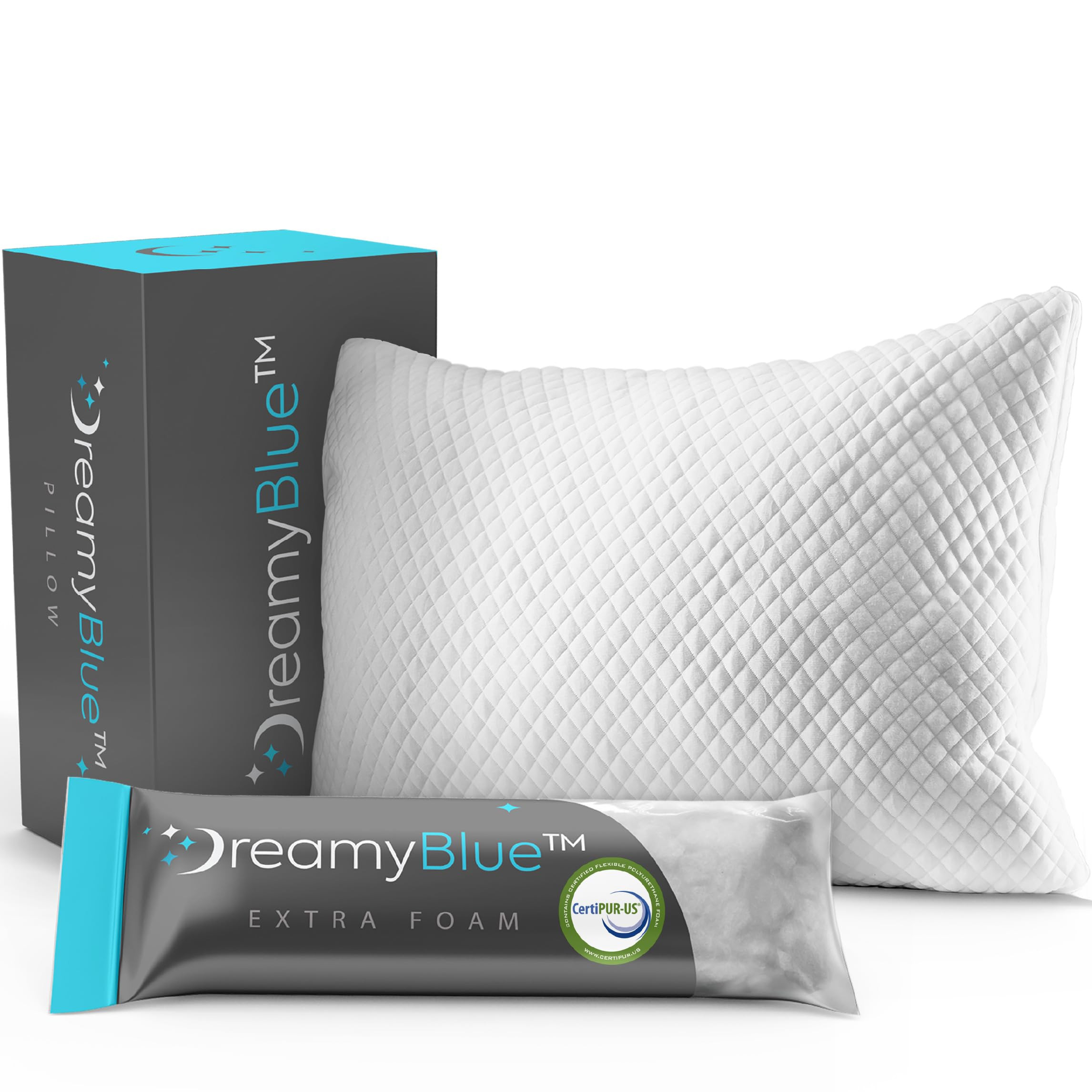 DreamyBlue Signature Pillow w/Adjustable Loft • Shredded Memory Foam Fill • Neutral Alignment for Side, Back, and Stomach Sleepers • Washable Bamboo Rayon Cover • CertiPUR-US Certified Foam (Queen) | Amazon (US)