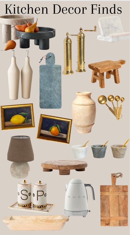 Kitchen countertop to core. Mini lamp, mini wooden pedestal, still life, framed artwork, gold, measuring, spoons, veggies, salt, and pepper, shakers, marble tray, wooden serving board, cheeseboard

#LTKhome #LTKstyletip #LTKFind