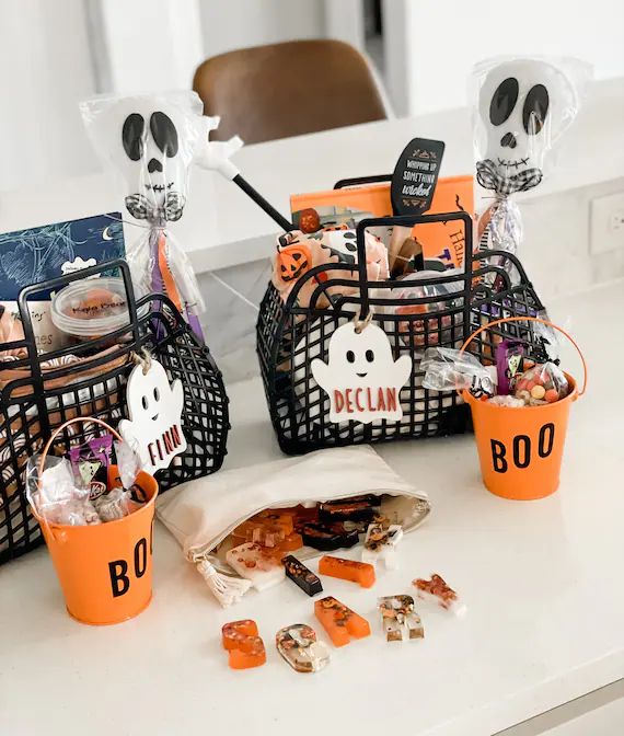 Halloween Basket Tags, Spooky Bucket Name Tags / Custom Boo Basket Kids Labels | Etsy (US)