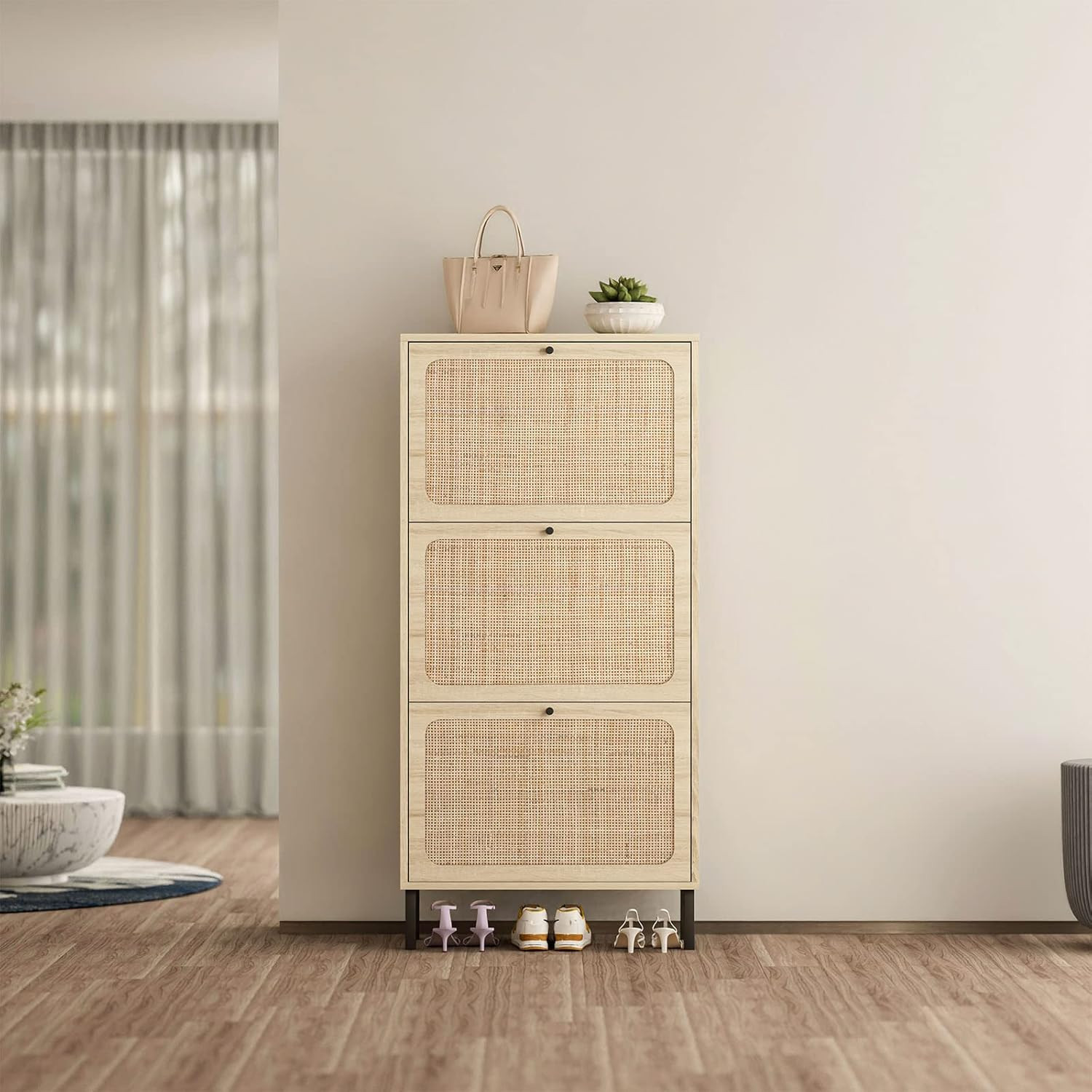 Amazon.com: Angel Sar Rattan Shoe Cabinet with 3 Flip Drawers, 2 Layer Shoe Shelf, Narrow Shoe St... | Amazon (US)