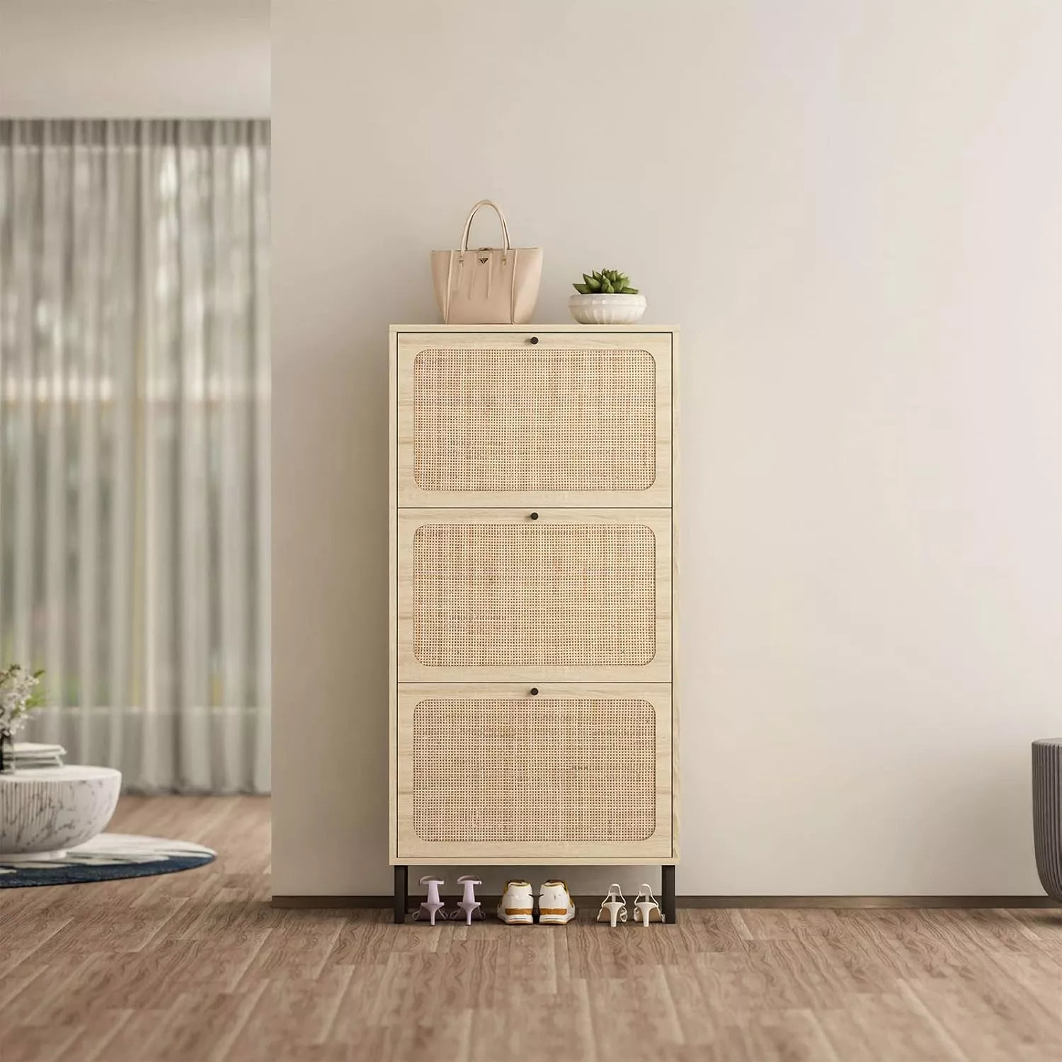 Angel Sar Rattan Shoe Cabinet with Flip Drawer, Narrow Shoe Storage Cabinet  for Entryway, Living Romm, Bedroom, Apartment, Natural Wood