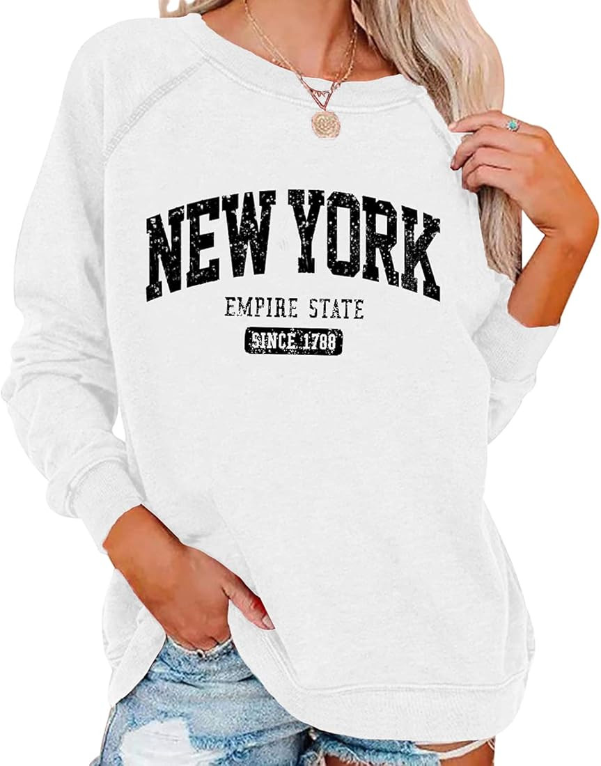 Vdnerjg Women's New York Letter Print Sweatshirt Crewneck Long Sleeve Casual Loose Fit Pullover S... | Amazon (US)