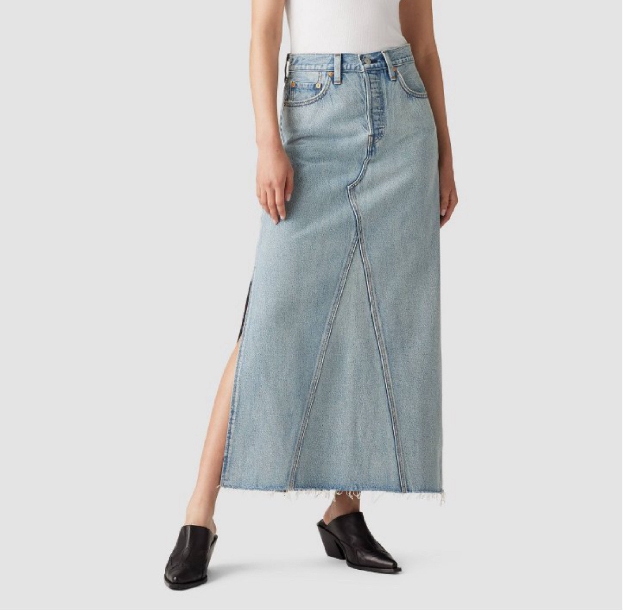 This denim skirt is everything! It’s Levi’s. It’s distressed. It has a raw hem. Yes please! This is perfect for the fall months. 

#DenimSkirt #DenimMaxiSkirt #RawHemSkirt #LevisDenim #LevisDenimSkirt
