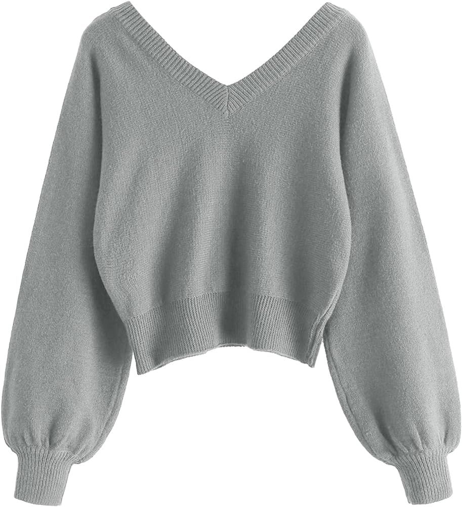 ZAFUL Women's Cropped Sweater V-Neck Long Sleeve Crop Sweater Pullover Jumper Knit Top | Amazon (US)