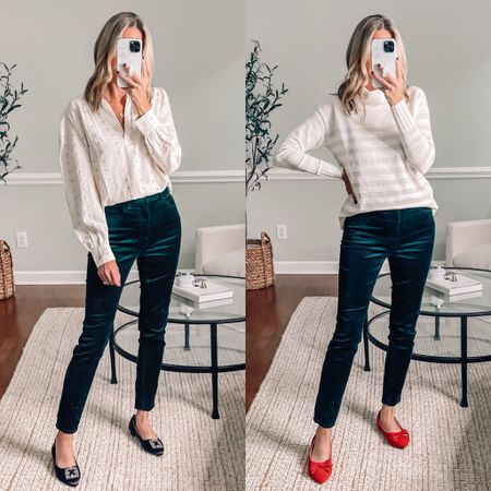 50% off 2 items OR 40% off 1 with code GIFTS
Green velvet pants in a 27
Cowl neck tunic sweater in a small 
Vneck blouse in a small
Black flats size down 1/2 or one size
Red flats fit true to size
Holiday outfit ideas 
Christmas outfit idea 
Holiday party outfit 



Loft outfit 
#loveloft 




#LTKunder50 #LTKsalealert #LTKHoliday