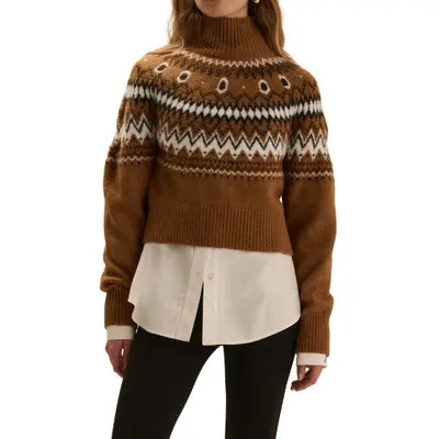 Favorite Daughter The Chalet Fair Isle Turtleneck Sweater in Cream/espresso Mul at Nordstrom, Size Small | Nordstrom