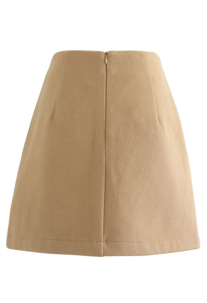 Double Flap Wool-Blend Mini Skirt in Tan | Chicwish