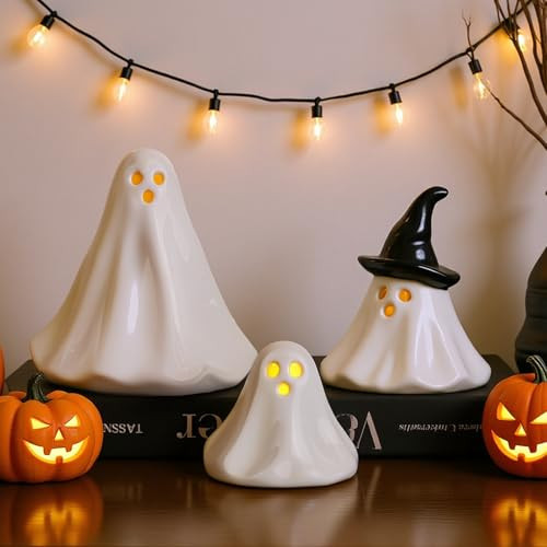 Halloween Ghost Decorations Indoor: 3ct Light Up Ceramic Ghost Decor, Cute Halloween Decor Figurines with LED Tea Lights for Table Desk Tiered Tray Mantel Home Office Home Farmhouse Girls Kids Party | Amazon (US)