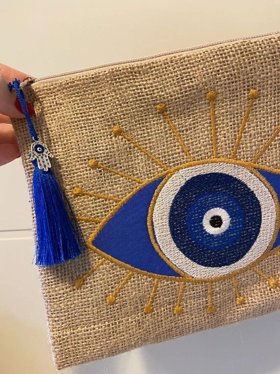 Embroidered Evil Eye Jute Bag With Hamsa Hand Accesory and | Etsy | Etsy (US)