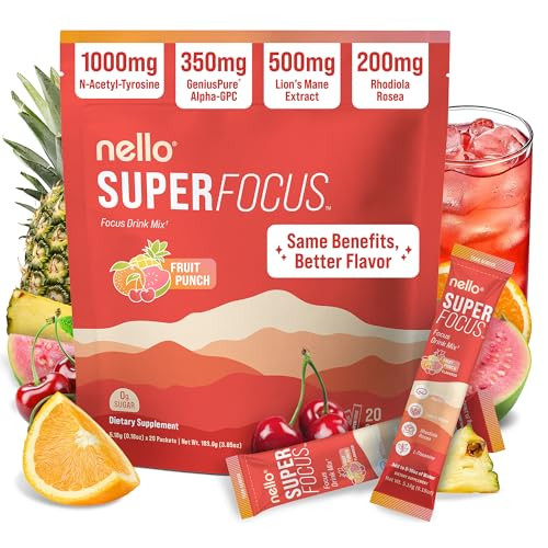 Nello Superfocus – Nootropic Focus Drink Mix for Productivity, L-Theanine, Rhodiola Rosea, Alpha-GPC, Lion’s Mane, Tyrosine, Sugar-Free Packets (20 Servings (No Caffeine), Fruit Punch) | Amazon (US)