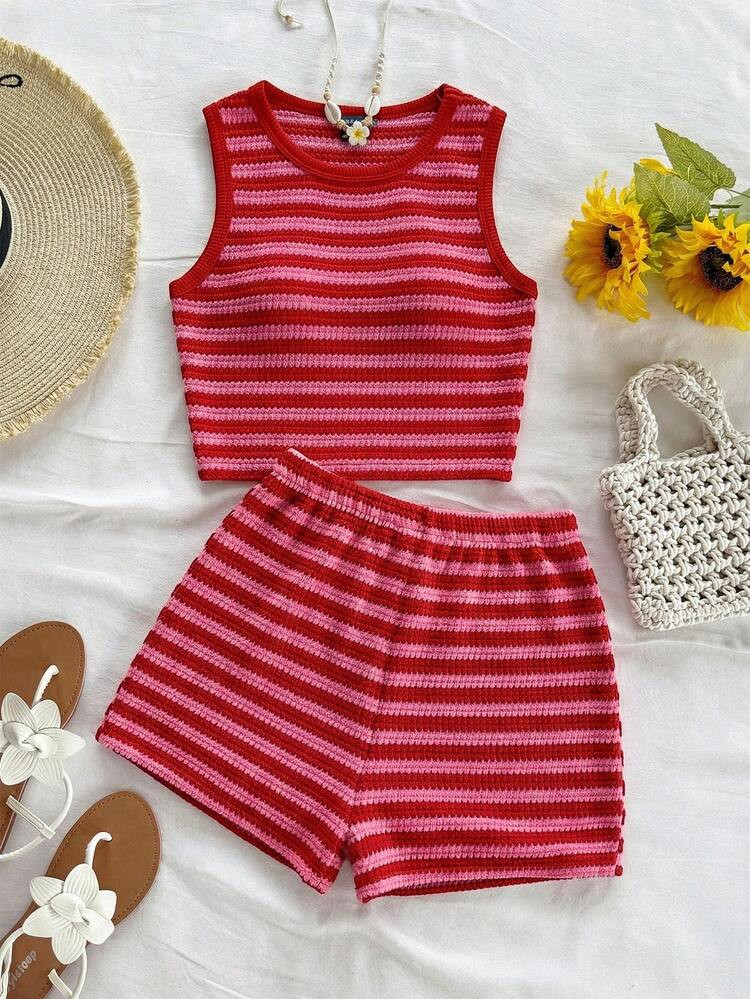 Soleia 2pcs/Set Women's Holiday Red & White Knit Textured Bandeau Top With Bow Tie And Elastic Wa... | SHEIN