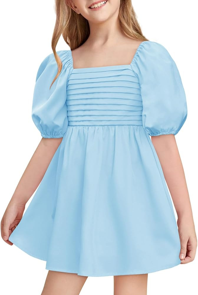 Haloumoning Girls Summer Dress Kids Square Neck Puff Sleeve A-Line Smocked Mini Dresses 5-14 Year... | Amazon (US)
