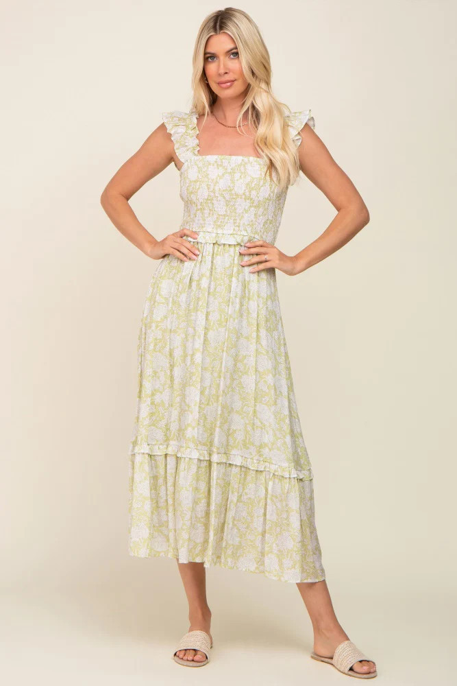 Light Olive Floral Ruffle Accent Smocked Midi Dress | PinkBlush Maternity