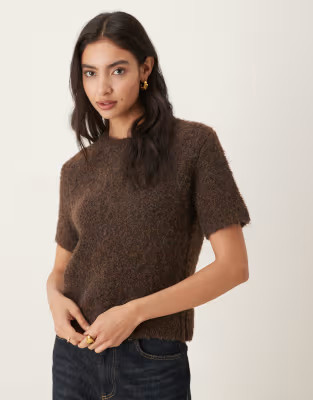 Mango wool mix fluffy short sleeve knitted top in brown | ASOS (Global)