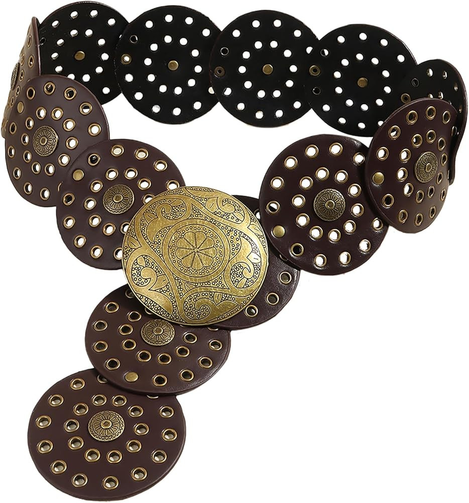 Hollow Wide Disc Belt for Women Concho Leather Metal Buckle Boho Belt Cowgirl Vintage Western Chu... | Amazon (US)