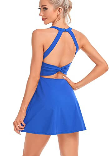 Womens Tennis Dress with Built in Shorts and Bra Workout Dress Golf Athletic Dress for Women Bright Blue | Amazon (US)