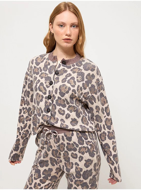 Leopard Print Crew Neck Button Up Knitted Cardigan | George