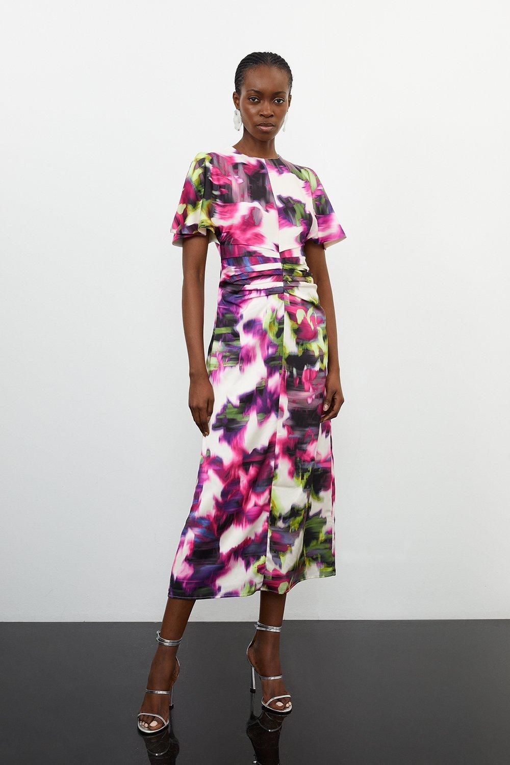 Satin Blurred Floral Print Woven Angel Sleeve Midi Dress | Karen Millen US