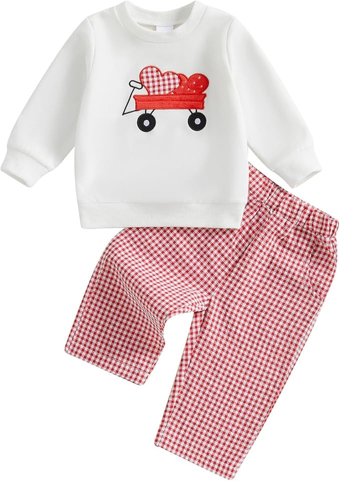 Toddler Baby Girl Boy Valentine's Day Outfit Heart Embroidered Long Sleeve Sweatshirt Plaid Pants... | Amazon (US)