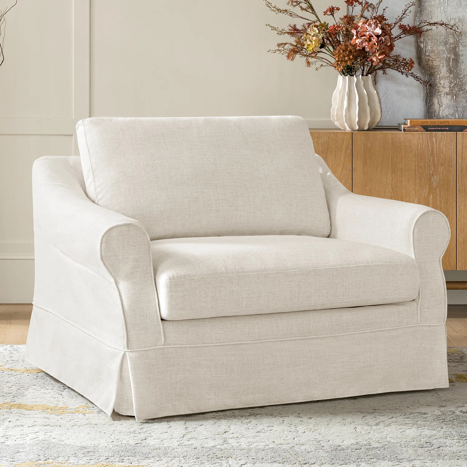 Estevan 37"W Farmhouse Slipcovered Oversized Armchair with Feather Blended Cushion | Wayfair North America