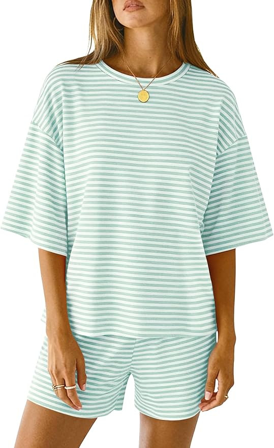 LOMON Two Piece Sets for Women Summer 3/4 Sleeve Tops and Elastic Waist Shorts Pajamas Cute Comfy... | Amazon (US)