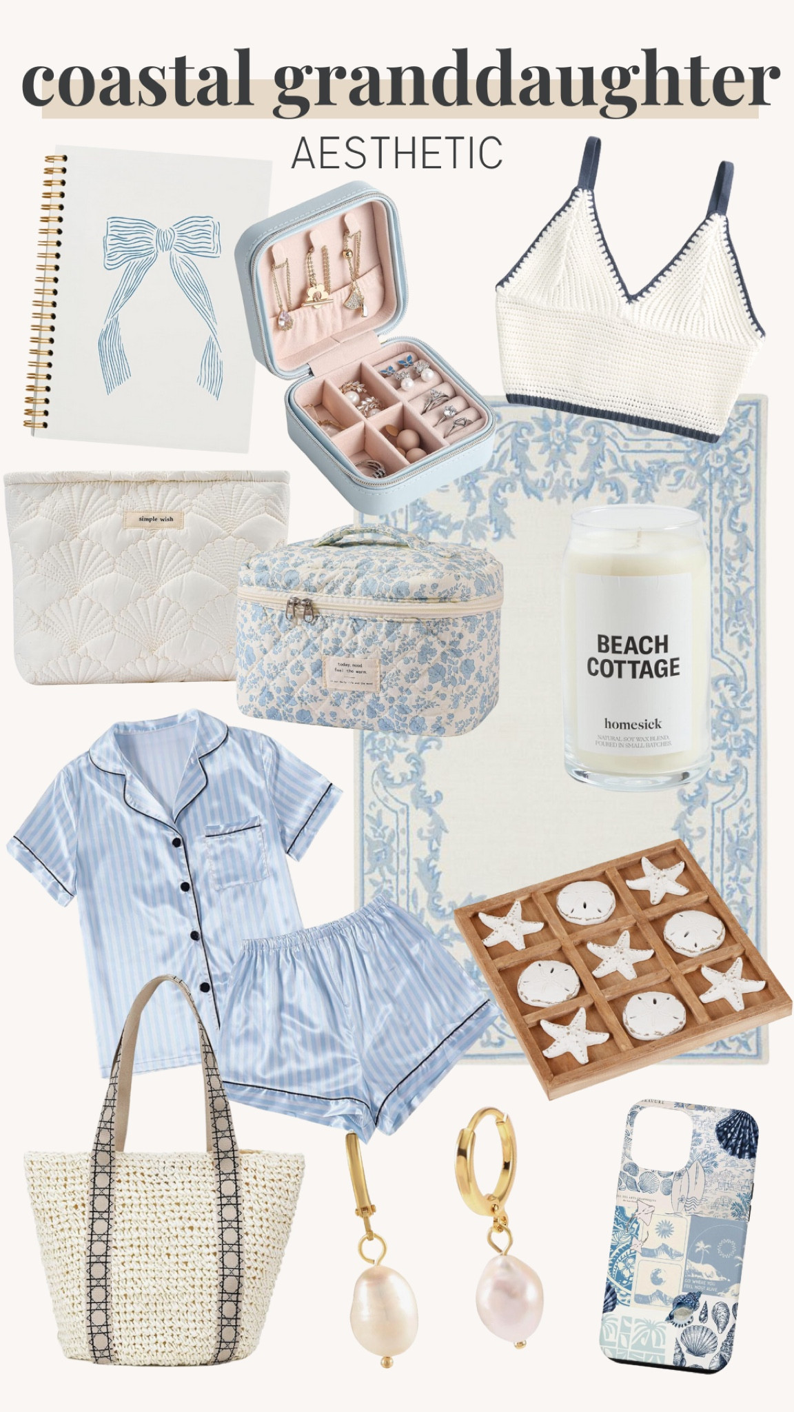 Coastal granddaughter aesthetic, makeup bag, jewelry bag, coastal candle, decor, pajamas, notebook, phone case, earrings, bag 

#LTKHome #LTKBeauty #LTKStyleTip