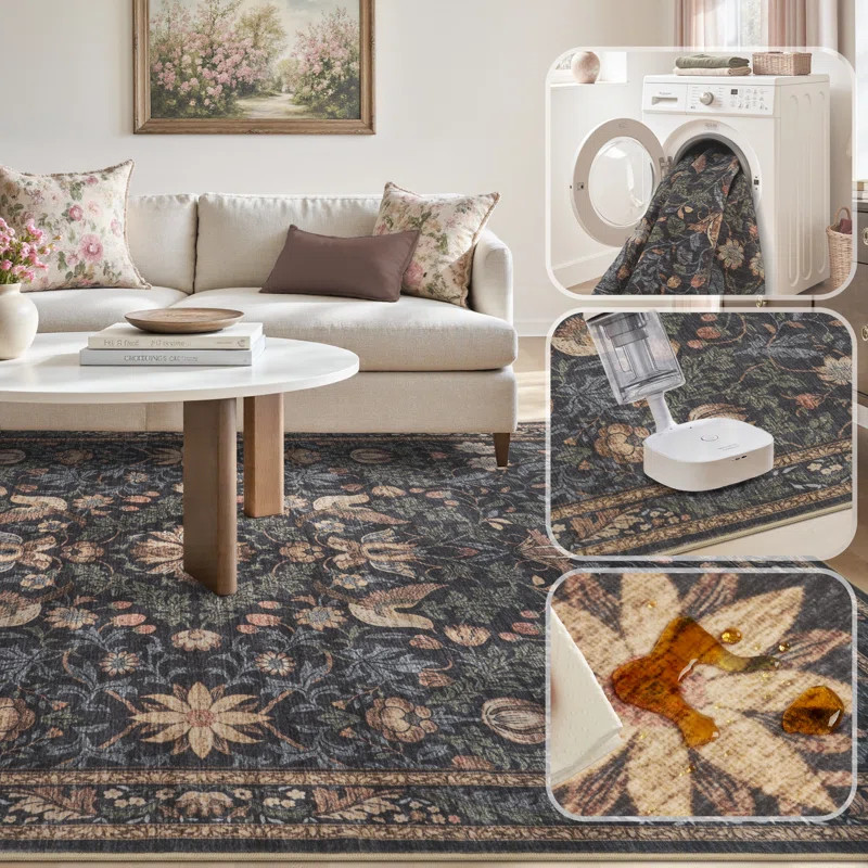 Soft Vintage Floral Washable Non-Slip Green Area Rug For Living Room, Bedroom | Wayfair North America