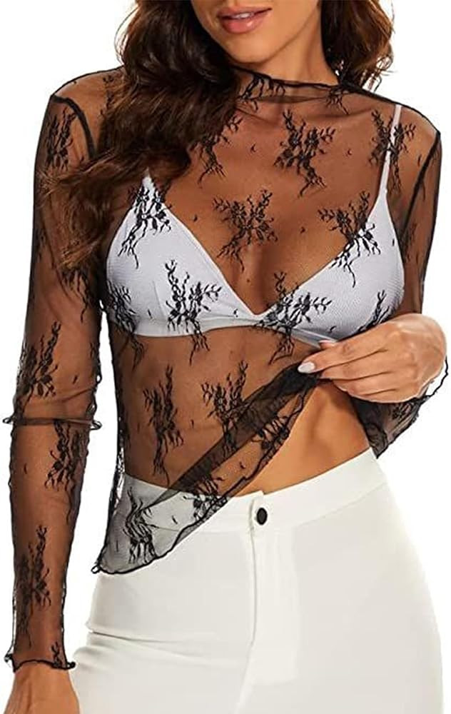 Feazac Long Sleeve Mesh Top Mock Neck Layering Sheer Blouse Shirt Sexy Floral Embroidery Sea Thro... | Amazon (CA)
