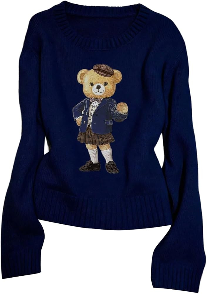 Women's Teddy Bear Sweater Cute Graphic Lightweight Sweater Crew Neck Long Sleeve Pullover Knit T... | Amazon (US)