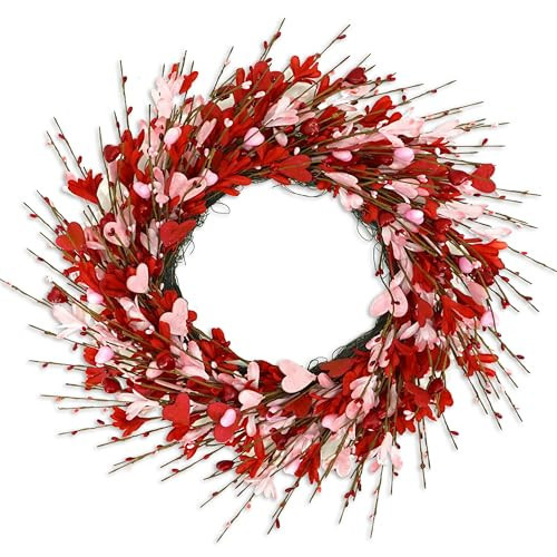 AMF0RESJ Valentine's Day Wreath for Front Door Valentine Wreath with forsythia Flowers,Pink and red Hearts for Indoor Outdoor Wedding Anniversary Party Home Wall Window Festival Decoration | Amazon (US)
