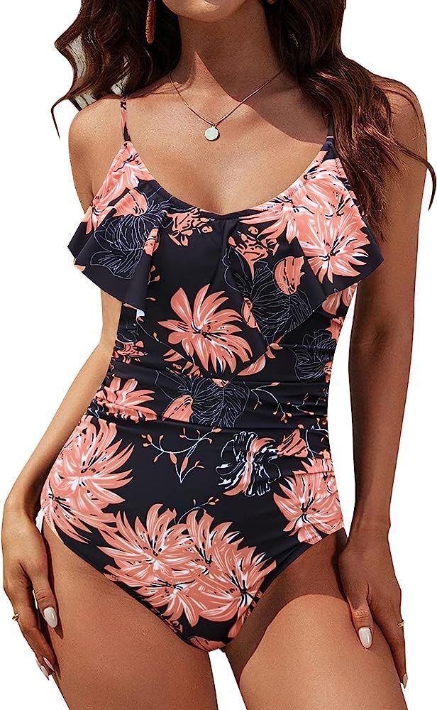 Blooming Jelly Womens One Piece Bathing Suit Tummy Control Swimwear Slimming Ruffle Vintage Swimsuit | Amazon (US)