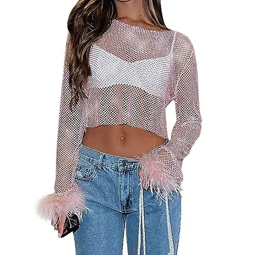 Sparkle Rhinestone Tops for Women Feather Top Glitter Mesh Sequin Top Sparkly Outfits for Women (L,Pink) | Amazon (US)