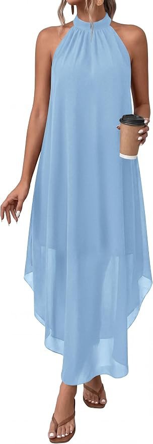 PRETTYGARDEN Summer Wedding Guest Dresses for Women 2026 Spring Long Flowy Halter Maxi Asymmetric... | Amazon (US)